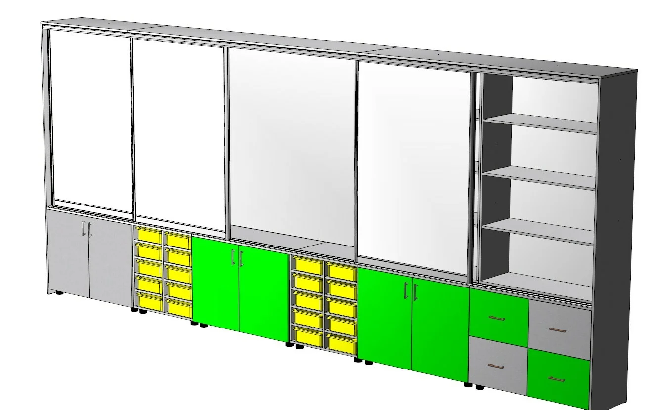 Стенка Лего для учебных заведений с 3-мя маркерными досками и нишей под интерактивную доску